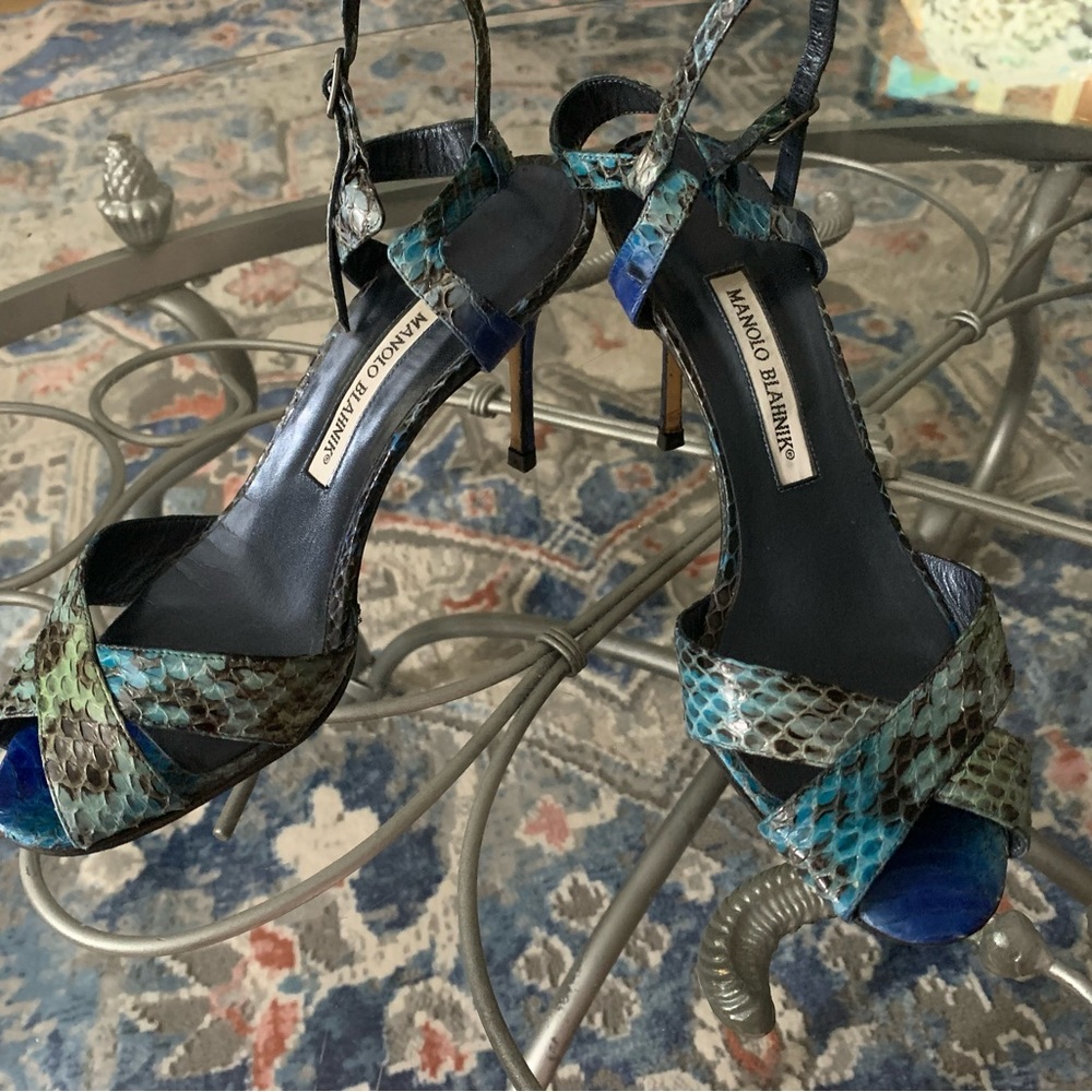 Manolo Blahnik Snakeskin Sandals 38  Turquoise, Royal, Black And Green
